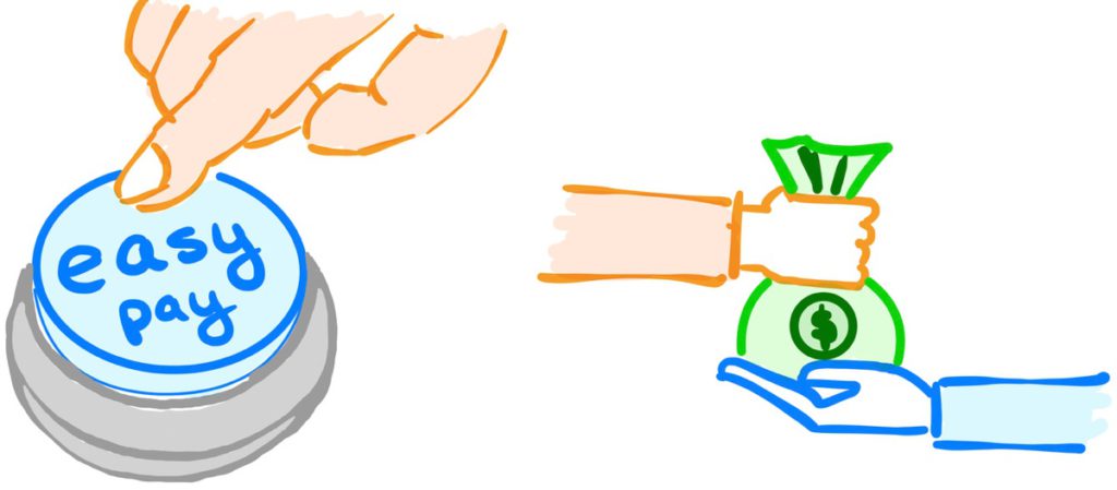 person hitting easy button. another receive money